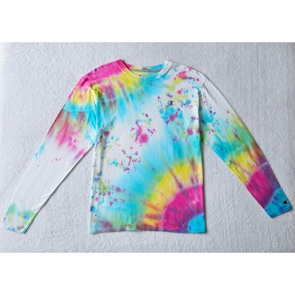 mens CHAMPION tie-dye pullover long sleeve ooak vintage Y2K cotton t-shirt top m - Picture 2 of 10